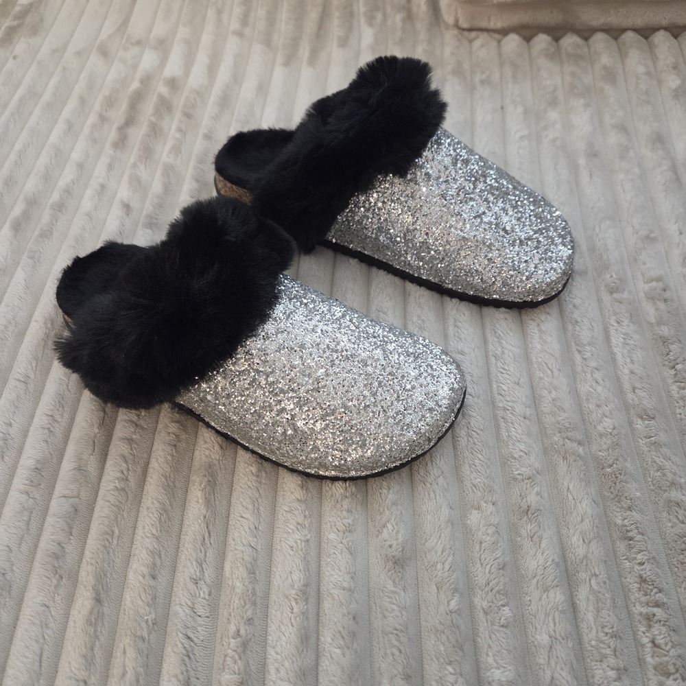 Glitter Slippers Women's Size 10-11 Mules Fur Trim Faux Suede Soles Cozy Comfort